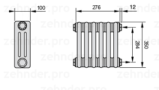 Схема (чертеж) Радиатор Zehnder Charleston 3035/6 №7610 Белый глянцевый RAL 9016